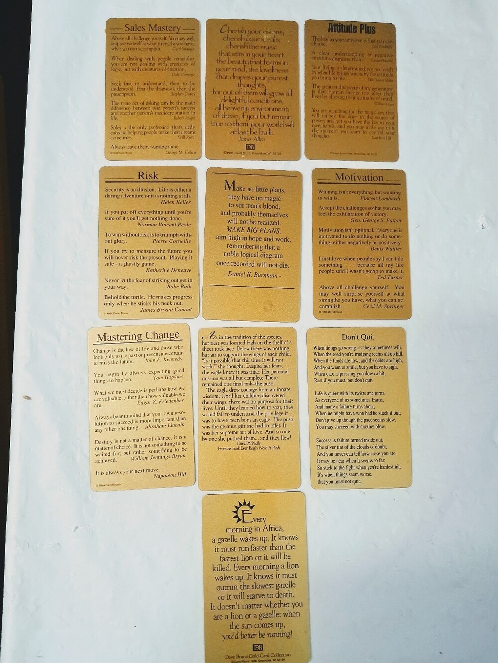 Set of 10 Motivational Inspirational Quote Card Set - Gold